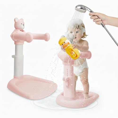 2-in-1 Adjustable Infant Baby Bath Support Set Bear Design with Little Toy Duck | Joyful Bath Time Bundle for Infants & Toddlers | Portable Bathroom Safety Non-Slip Shower Station for 6-48 Months - color: Pink