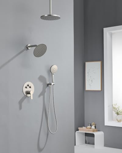 Iriber Brushed Nickel Shower head with Handheld,8"+10" Shower Faucet Set | 10 Inch Ceiling +8 Inch Wall Mount Dual Shower Heads,Push Button Diverter,3 Setting Handheld,Pressure Balance Valve Cartridge - color: Brushed Nickel 06