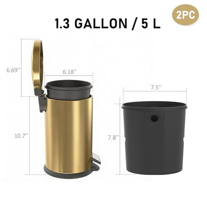 SIMPLYKLEEN Bathroom Trash Can with Lid - 2PC 1.3 Gallon/ 5L Oval Small Trash Can with Soft-Close Lid, Foot Pedal, Brushed Stainless Steel, Removable Liner, Garbage can for Kitchen, Office, Home Gold - color: Gold, size: 5L Oval 2PC
