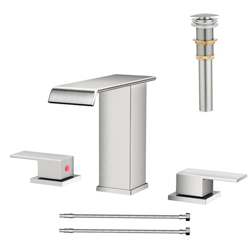 AVSIILE Waterfall Bathroom Faucet 3 Hole, Brushed Nickel 8 Inch Widespread Modern 3 Piece Bathroom Sink Faucet, Touch On Lavatory Faucet for Vanity RV Restroom, Straight Spout - color: Brushed Nickel, style: Straight Spout