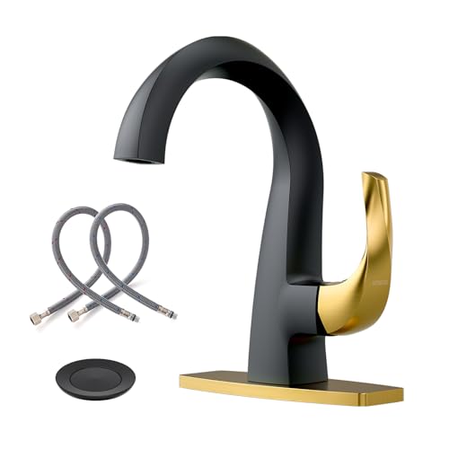 WOWOW Single Handle Bathroom Faucet 1 Hole High Arc Bathroom Basin Faucet Black and Gold with Pop-up Drain, Solid Brass Commercial Bathroom Sink Basin Vanity Bar Faucet (Patented Product) - color: Black and Gold