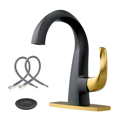 WOWOW Single Handle Bathroom Faucet 1 Hole High Arc Bathroom Basin Faucet Black and Gold with Pop-up Drain, Solid Brass Commercial Bathroom Sink Basin Vanity Bar Faucet (Patented Product) - color: Black and Gold