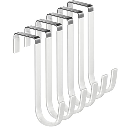 Single Over Door Steel Hooks 6 Pack Fit 1-3/8" Door 5.5" White | Plastic Coated Rubber Feel Towel Rack Robe Coat Shoe Wreath Hanger No Damage No Scratch for Bathroom Heavy Duty Thin Top