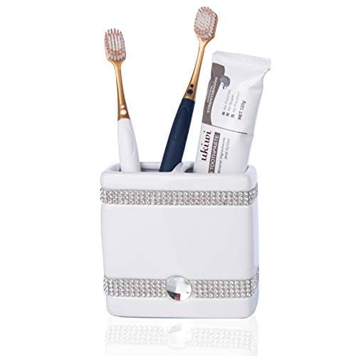 CAA'S Bathroom Accessories Set Ceramic 4 Pieces Bathroom Ensemble for Bath Decor Includes Lotion Dispenser Toothbrush Holder Tumbler Soap Dish (White Inlaid Zircon) - style: Luxurious