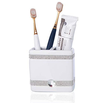 CAA'S Bathroom Accessories Set Ceramic 4 Pieces Bathroom Ensemble for Bath Decor Includes Lotion Dispenser Toothbrush Holder Tumbler Soap Dish (White Inlaid Zircon) - style: Luxurious