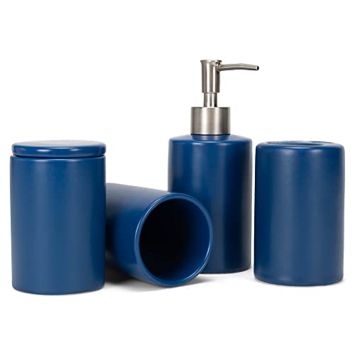 NAT & Jules Chic Modern Rounded 4.5 inch Ceramic Bathroom Accessories Set of 4 - Home Décor & Organization Perfect for Bath or Kitchen Household Essentials, Matte Blue