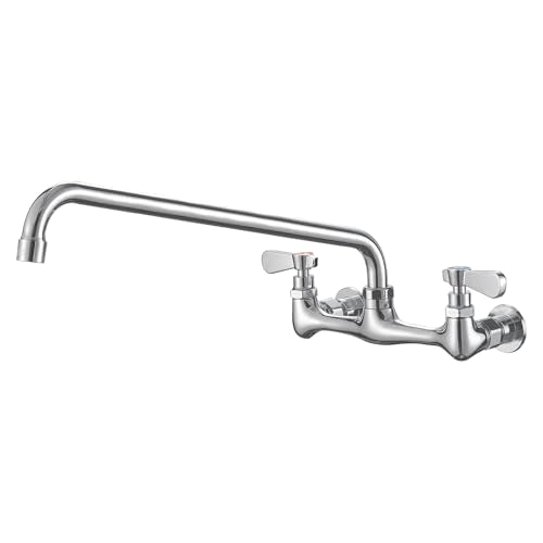 Wall Mount Kitchen Faucet 16" Gooseneck Swivel Spout, Chrome | Lead-Free Solid Brass,Dual Handle Hot/Cold,8" Center,Commercial Sink Faucet for Laundry Restaurant Utility Sinks,Rustproof - size: 16 Inch