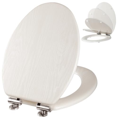 Angel Shield Elongated Wooden White Toilet Seat Quiet Close 18.5" | Quick Release Metal Hinges, Adjustable Fit for Standard Elongated Toilets, Easy to Install&Clean - color: White Wood, size: Elongated