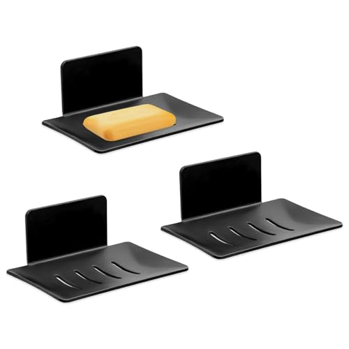 Huakaile 3 Pieces Black Self-Adhesive Bar Soap Holder for Shower & Sink, Removable Space Aluminium Wall Mounted Soap Dish Tray for Bathroom Tub Kitchen Sink No Drilled (Black) - color: Black
