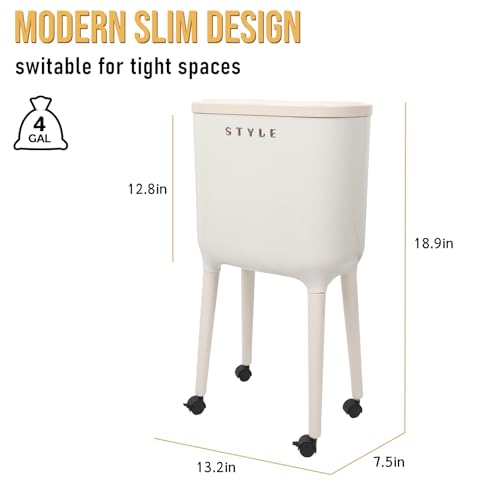 XPIY 4 Gallon Trash Can with Wheels and Lid, Modern Narrow Garbage Can with Raised Legs, Space-Saving Rolling Dog-Proof Trash Bin for Bathroom, Kitchen, Bedroom, Office (1, White-1) - color: White-1