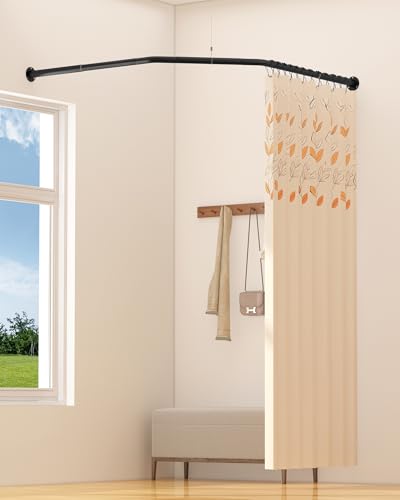 Corner Shower Curtain Rod Diamond Shaped, [22"-34.3"]x20"x[22"-34.3"] Heavy-Duty NEO Angle Shower Pole for Bathroom Bathtub with 12 Hooks & Ceiling Support - size: [22"-34.3"]x20"x[22"-34.3"]