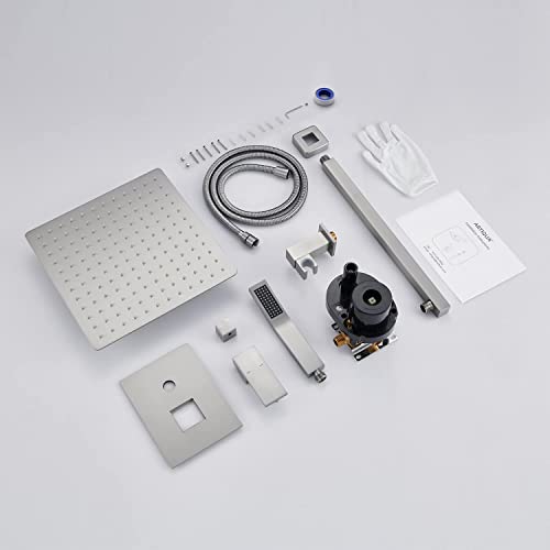 Rain Shower System 12 Inches Shower Combo Set Brushed Nickel Wall Mount Faucet Bathroom Faucets with Rainfall Shower Head and Hand Shower