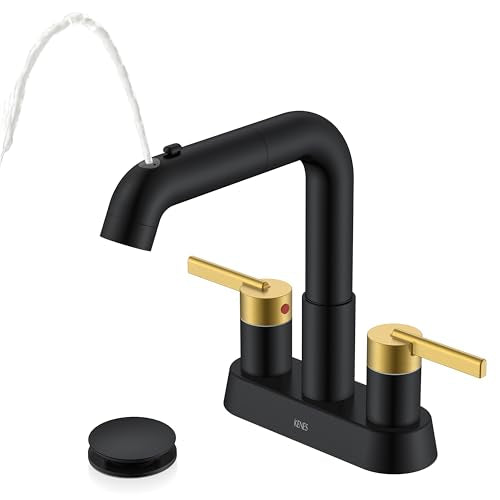 Black and Gold Pull Down Centerset Bathroom Faucet 3 Hole 2 Handle | Pull Out Bathroom Faucet with Pop Up Drain & Supply Lines, Lead-Free cUPC & NSF Certified, 4 Inch Faucet for Vanity RV Sink - color: Black & Gold