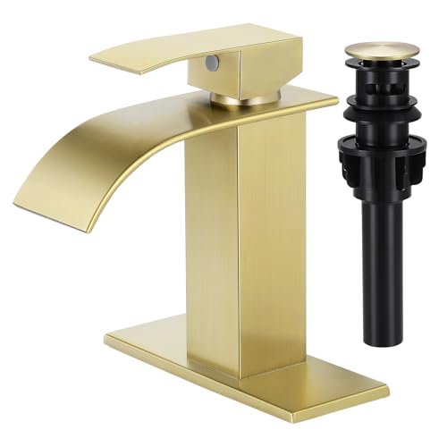 Bathroom Faucets Gold Waterfall Single Handle Bathroom Sink Faucet | with Pop-up Drain & Deck,Supply Hoses,Brushed Gold Single Handle Vanity Faucet,Stainless Steel,1 or 3 Hole,RV,Fits Home - color: A-Brushed Gold, style: Short