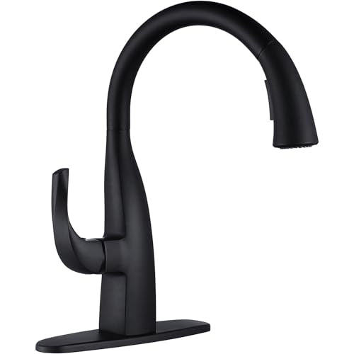 WOWOW Rv Kitchen Sink Faucet with Sprayer - Matte Black Kitchen Water Faucets with Pull Down Sprayer Laundry Sink Faucet, Single Handle Elegant Gooseneck Pull Out Black Faucets Black for Rv Farmhouse - color: Matte Black Faucet Kitchen, style: Kitchen Fau