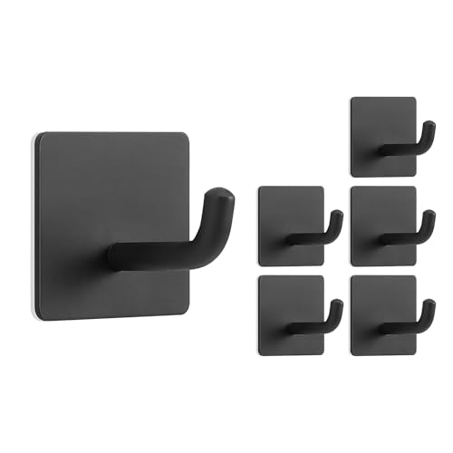 Livabber Adhesive Towel Hooks, 304 Stainless Steel Self Sticky Wall Hooks Waterproof Shower Hooks for Robe/Clothes, No Drilling Towel Hangers for Bathroom Kitchen Bedroom (Black, 6 Packs) - color: Black, size: 6 Pack