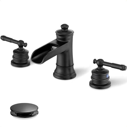 Black Waterfall Bathroom Faucet Widespread, Brass Bathroom Faucets for Sink 3 Hole, 4-16 Inch Faucet Bathroom Vanity Faucet with 2 Handles Supply Hoses & Pop-Up Drain for Modern Farmhouse - color: Matte Black - Elegant