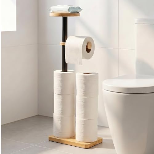 Toilet Paper Holders Free Standing, Holds up to 7 Rolls Toilet Paper Stand with Storage, Bathroom Toilet Paper Organizer with Top Shelf for Small Items, 1-Min Rotating-Lock Assembly, Light,L - color: Light