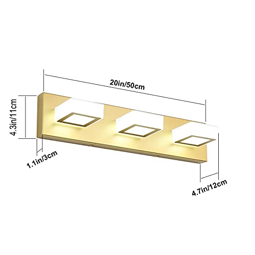 Ralbay Gold Bathroom Vanity Lights 3 Lights LED Modern Gold Vanity Lights Over Mirror Fixture Acrylic Gold Vanity Wall Light (White Light 6000K) - size: 20 inch