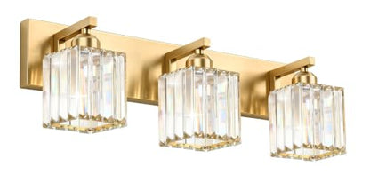 Gold Crystal Bathroom Vanity Light, 3-Light Modern Bathroom Lighting Fixtures Over Mirror,Chrome Wall Sconce Light Fixtures with Square Shade - color: Gold-Square Shade, size: 3-LIGHT