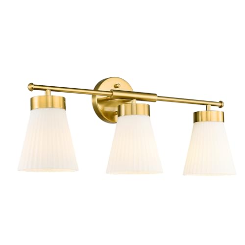 Bathroom Light Fixture, HWH 3-Light Brushed Gold Vanity Lights for Bathroom Modern Vanity Sconce Lighting Over Mirror, Wall Lamp with Frosted White Striped Glass, 5HZG97B-3W BG - color: Brushed Gold, size: 3-Light