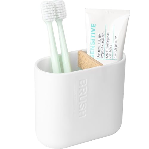 Toothbrush Holders Bamboo Electric Toothbrush Holder Bathroom Storage Organizer Countertop for Toothpaste, Floss, Razor, White - color: White