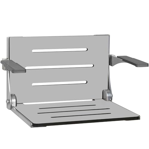 Seachrome Silhouette Comfort Folding Shower Bench Seat with Arms, Grey Seat with Silver Frame (SHAFAR-185155-PGS-S-SL-Sl) - color: Gray Seat With Silver Frame and Silver Arm Pads