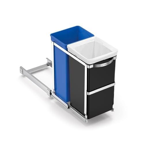 simplehuman 35 Liter / 9.3 Gallon Dual Compartment Under Counter Kitchen Cabinet Pull-Out Recycling Bin and Trash Can, Chrome - size: 35L Dual