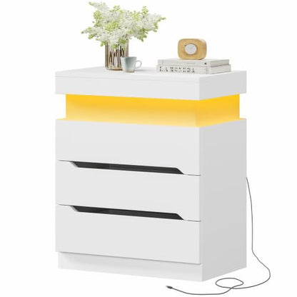 Night Stand with 3 Drawers, Nightstand with App-Controlled Adjustable LED Light, Bedside Table with Slidable Hidden Storage Space, Modern Nightstands for Bedroom,White - color: Unbzx032wd-zf