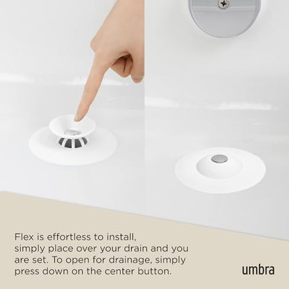 Umbra Flex Hair Catcher, Dual Purpose Shower Drain Stopper, 3-Inch, White | Silicone material, flexible and durable, water resistant, rust proof, easy to clean, fits most standard drains - color: White
