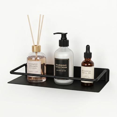 RFOUO 12 Inch Small Metal Wall Shelf with Guard Rail,Black,1 Pack | Small Bathroom Shelf, Wall Mounted, Aluminum Floating Shelf, For Toothbrush Perfume Spice,Bathroom Bedroom Kitchen - color: Black, size: 12Inch