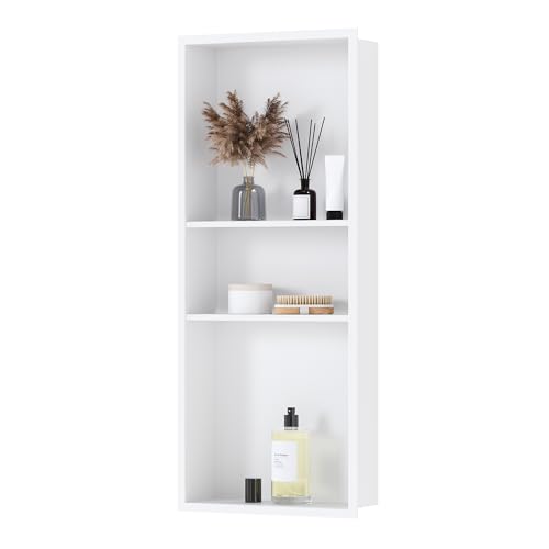 Qeke Stainless Steel Shower Niche 12" X 30", 3-Tiers Wall Niche, White | No tile Needed, Recessed Niche for Bathroom Storage,Waterproof & Space Saving, Over Mount Installation - color: Matte White, size: 12" × 30"