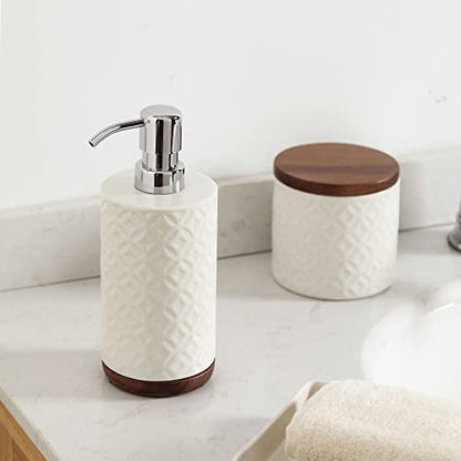 Bathroom Accessories Set, 5-Piece Ceramic and Wood Bath Accessory Complete Set with Lotion Dispenser/Soap Pump, Cotton Jar, Vanity Tray, Tumbler and Toothbrush Holder (White and Beige)