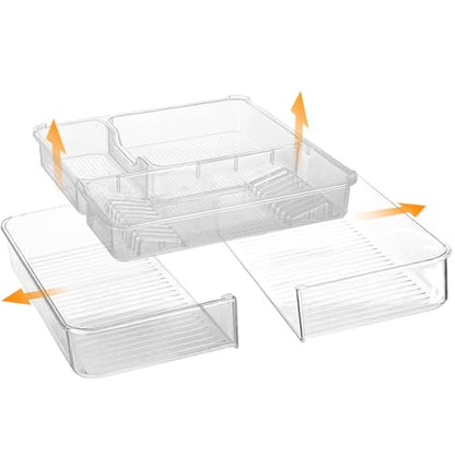 Expandable Drawer Organizer, Adjustable Shallow Tray, 11" to 19" Width | 1.97" Height, Clear Plastic Storage, For Bedroom/Living Room/Kitchen/Bathroom/Office, Cosmetic/Tools/Cutlery/Stationery