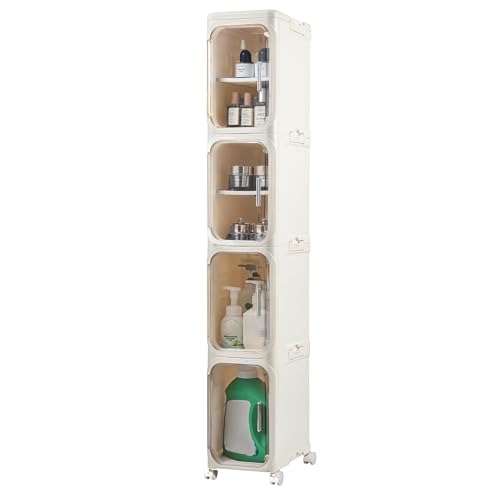 4-Tier Narrow Storage Cabinet Slim Bathroom Tall Skinny Organizer,Beige | Foldable Storage Cabinet with Lockable Rolling Wheels Magnetic Clear Door Adjustable Detachable Shelves For Narrow Space - color: Beige, size: 4-tier