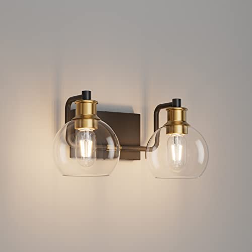 Tipace 2 Lights Vintage Bathroom Vanity Light Fixtures Over Mirror Black & Gold Industrial Vanity Lights with Globe Clear Glass Farmhouse Wall Sconces Fixture(Exclude Bulb) - color: Black&Gold, size: 2-Light