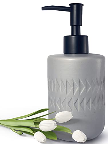 Gray Soap Dispenser with Matte Black Pump for Bathroom,Cylindrical Lotion Dispenser,12oz Ceramic Relief Hand Dish Soap Dispenser,Refillable Liquid Dispenser for Kitchen (Relief Gray) - color: Relief Gray