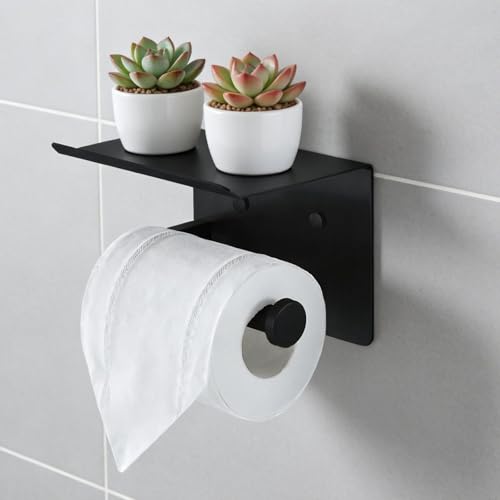 Toilet Paper Holder with Shelf, Heavy-Duty Stainless Steel Bathroom Hardware, Self-Adhesive No-Drill/Drill-Mount Wall-Mounted Roll Holder, Rust-Proof Bathroom Tissue Rack (Black) - color: Black