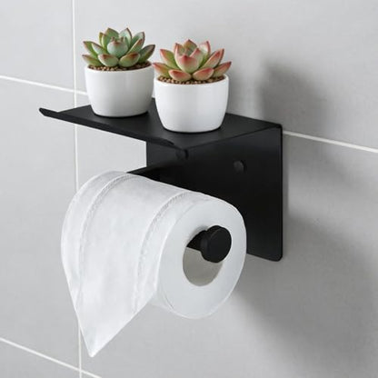 Toilet Paper Holder with Shelf, Heavy-Duty Stainless Steel Bathroom Hardware, Self-Adhesive No-Drill/Drill-Mount Wall-Mounted Roll Holder, Rust-Proof Bathroom Tissue Rack (Black) - color: Black