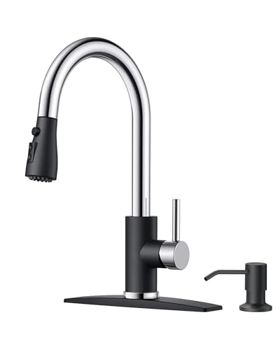FORIOUS Kitchen Faucet with Soap Dispenser, Stainless Steel, Black Chrome | Pull Down Sprayer, High Arc Single Handle, Classic 3 Modes Bar Sink Faucet with Deck Plate, Suitable for Rv Laundry Camper - color: Black&Chrome, style: Classic