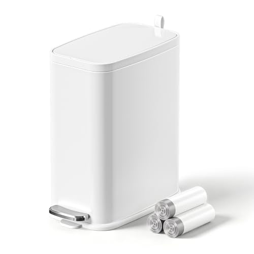 1.6 Gal Small Bathroom Trash Can with Lid, Step Pedal, Slim White | Stainless Steel Wastebasket, Soft Close Lid, Easy Clean Removable Inner Bucket, Odor Control, Includes 60 Trash Bags - color: White