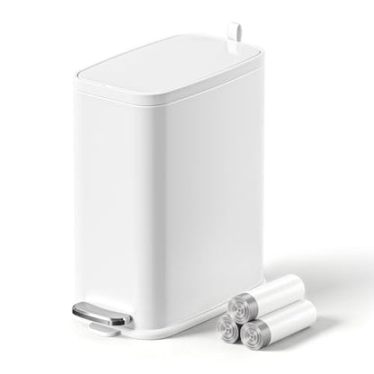 1.6 Gal Small Bathroom Trash Can with Lid, Step Pedal, Slim White | Stainless Steel Wastebasket, Soft Close Lid, Easy Clean Removable Inner Bucket, Odor Control, Includes 60 Trash Bags - color: White