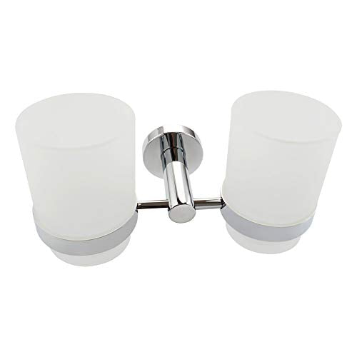 Double Toothbrush Holder, Angle Simple Stainless Steel Toothbrush Holder Rinsing Cups Drinking Glass Toothbrush Mug Hanger Toothpaste Razor Holder Bathroom Accessories, Chrome - color: Chrome