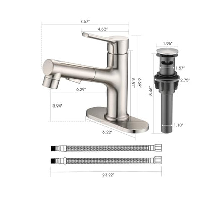 Bathroom Sink Faucet with Pull Out Sprayer, Single Handle Modern Bathroom Basin Faucet with Pop-up Sink Drain Stopper & Deck Plate 1 or 4-inch Centerset 3 Hole, Brushed Nickel - color: Brushed Nickel