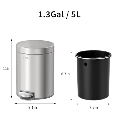 mVm Small Trash Can,1.3 Gallon/5 Lliter Step Bathroom Trash Can with Lid and Foot Pedal,Anti-Fingerprint,Soft-Close.Round Brushed Stainless Steel Garbage Can for Bathroom,Office,Living Room (Silver) - color: Silver, size: 1.3Gal/5L