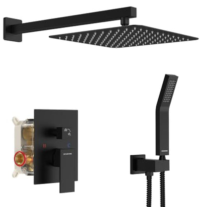 SR SUN RISE Black Square Rainfall Shower Head and Handle Set, Wall Mounted Shower Fixtures, Metal Shower Faucet Trim Repair Kits (With Shower Valve) - color: Matte Black, size: 10 Inch
