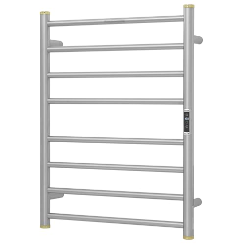 Electric Towel Warmer Rack,Heating Towel Warmer,Timer & Temperature Control,Wall-Mounted Plug-in for Bathroom,Brushed,Stainless Steel,8-Bar(27.56x20.87x4.41in) - color: Round-matte Brushed With Gold Top, size: 8 Bars