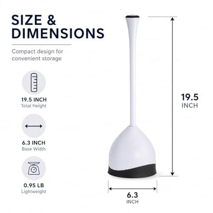 Toilet Plunger with Caddy, Heavy Duty Suction Cup, 19.5 Inch, Compact Holder for Bathroom Cleaning, White