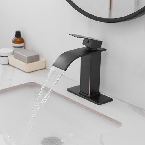 Bathroom Sink Faucet Waterfall Single Handle with Deck Plate | Oil Rubbed Bronze,Pop Up Drain,Single Hole,Precise Water Adjustment,Rust-resistant Construction,Easy to Clean,Long-time Use - color: Oil Rubbed Bronze, size: Modern Bathroom Sink Faucet