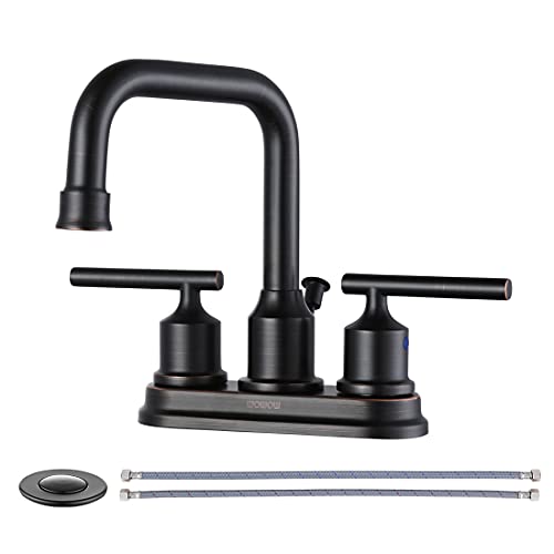 WOWOW Oil Rubbed Bronze Bathroom Faucet for Bathroom Sink Faucet 3 Hole Lavatory Faucet 2 Handle Vanity Faucet with Drain and Supply Hose Mixer Tap High Arc Swivel Spout - color: Oil Rubbed Bronze, style: Centerset - 4 Inch